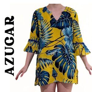 Azucar Yellow with Blue Leaves Women's Swimwear Coverup, Size L